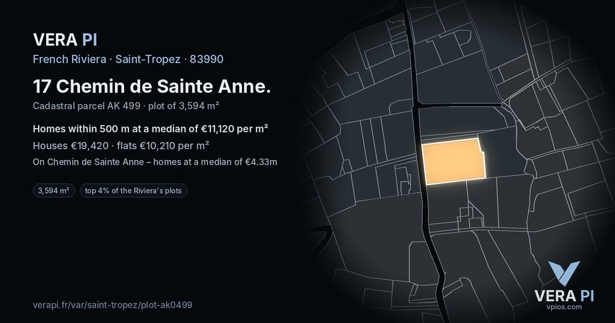 17 Chemin de Sainte Anne, Saint-Tropez at night – the plot lit, the parcels around coloured by the prices near them