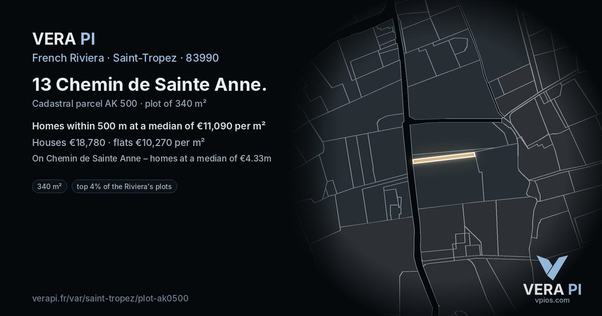 13 Chemin de Sainte Anne, Saint-Tropez at night – the plot lit, the parcels around coloured by the prices near them