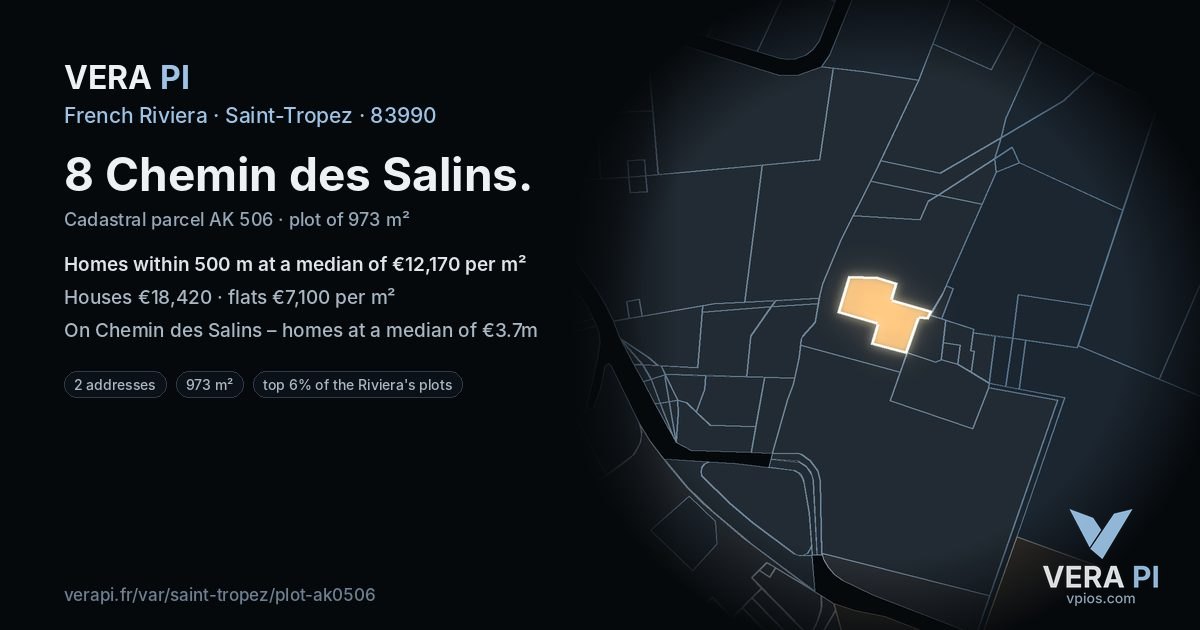 8 Chemin des Salins, Saint-Tropez at night – the plot lit, the parcels around coloured by the prices near them