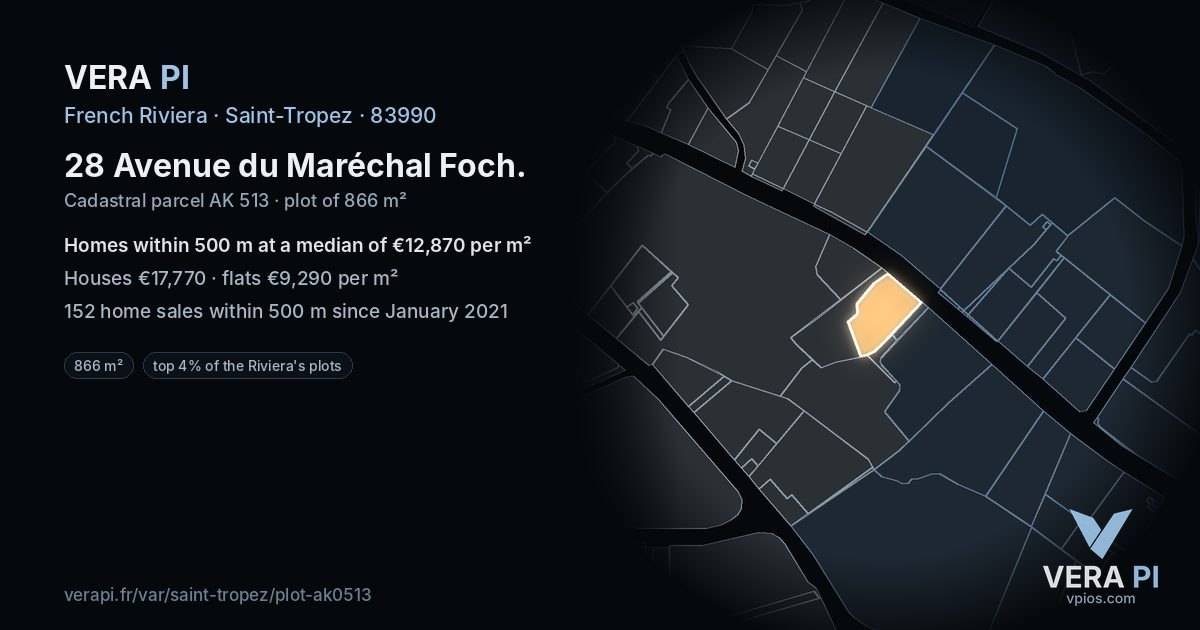 28 Avenue du Maréchal Foch, Saint-Tropez at night – the plot lit, the parcels around coloured by the prices near them