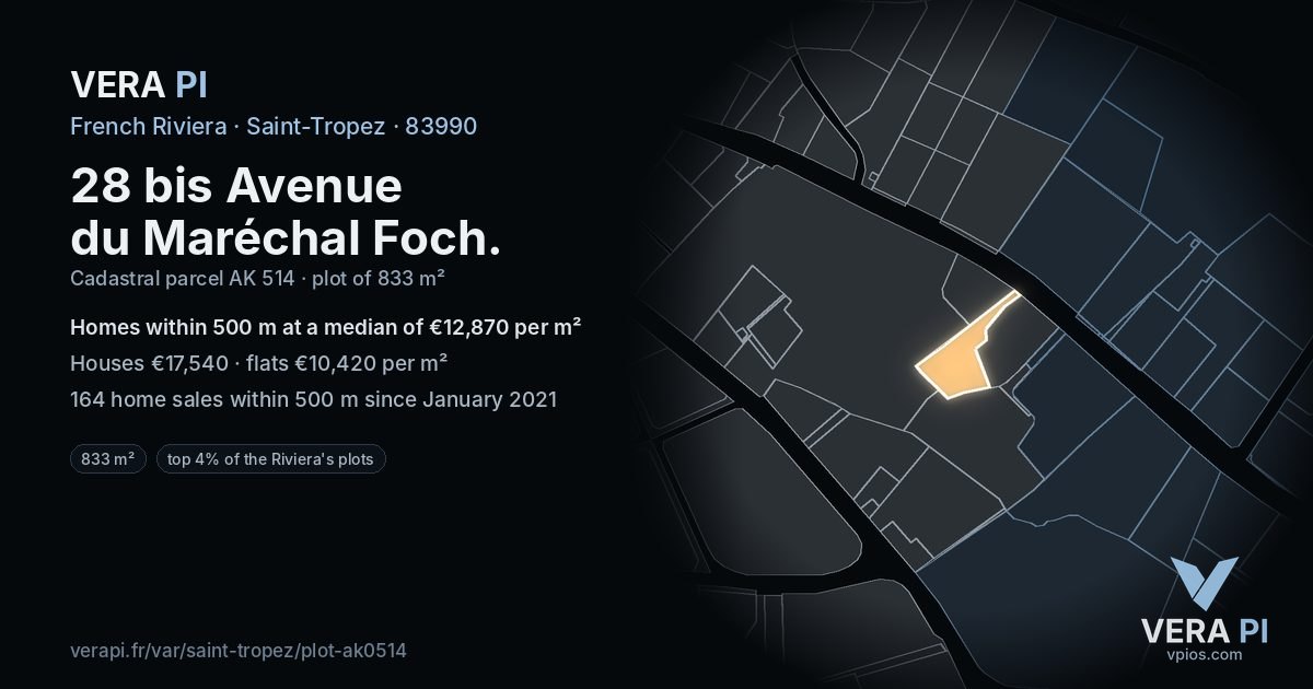 28 bis Avenue du Maréchal Foch, Saint-Tropez at night – the plot lit, the parcels around coloured by the prices near them
