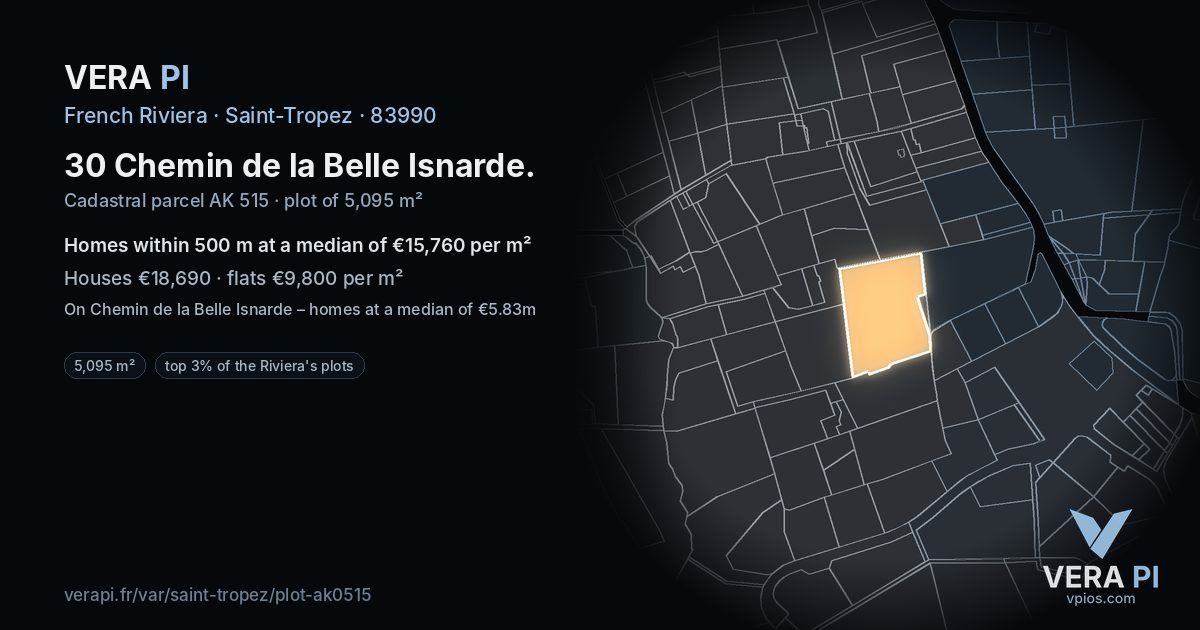 30 Chemin de la Belle Isnarde, Saint-Tropez at night – the plot lit, the parcels around coloured by the prices near them