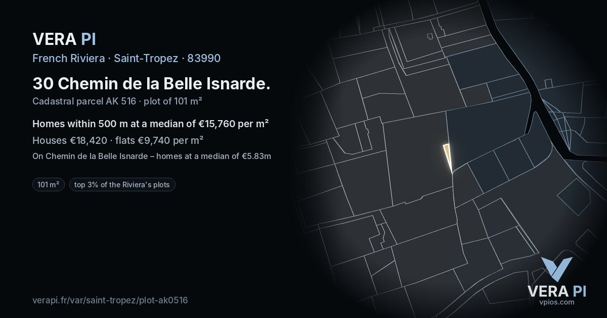 30 Chemin de la Belle Isnarde, Saint-Tropez at night – the plot lit, the parcels around coloured by the prices near them
