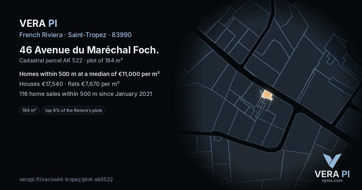 46 Avenue du Maréchal Foch, Saint-Tropez at night – the plot lit, the parcels around coloured by the prices near them