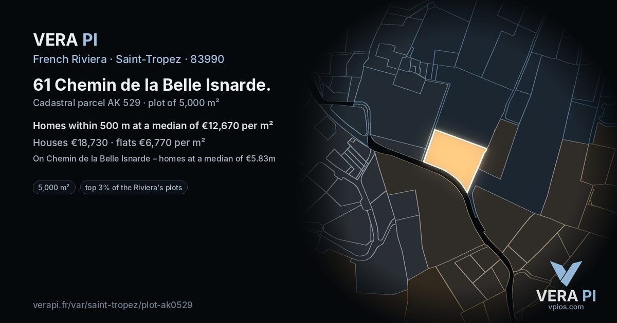 61 Chemin de la Belle Isnarde, Saint-Tropez at night – the plot lit, the parcels around coloured by the prices near them