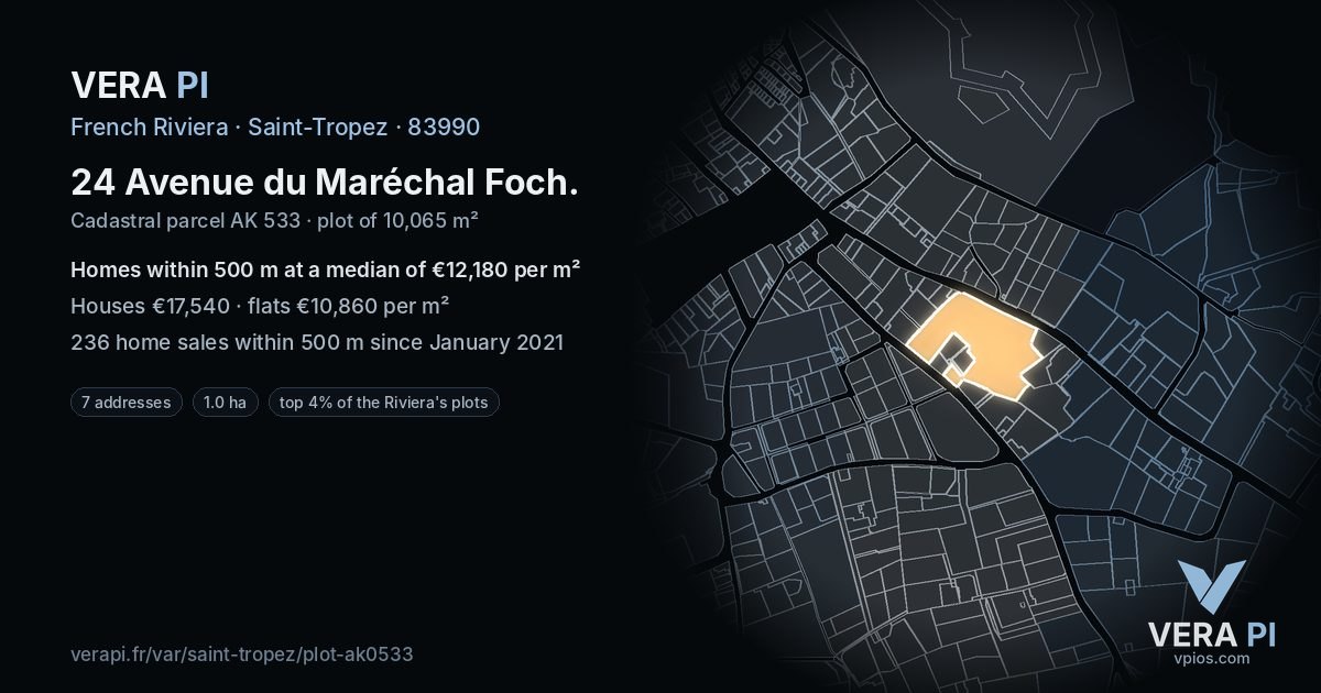 24 Avenue du Maréchal Foch, Saint-Tropez at night – the plot lit, the parcels around coloured by the prices near them
