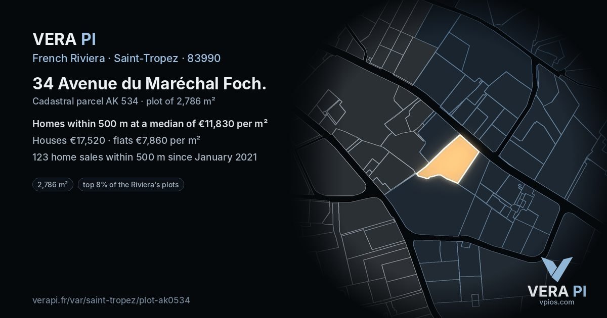 34 Avenue du Maréchal Foch, Saint-Tropez at night – the plot lit, the parcels around coloured by the prices near them