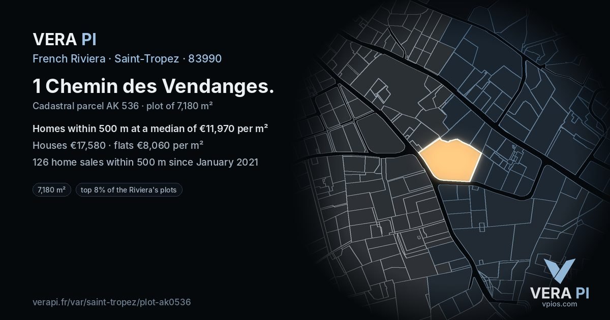 1 Chemin des Vendanges, Saint-Tropez at night – the plot lit, the parcels around coloured by the prices near them