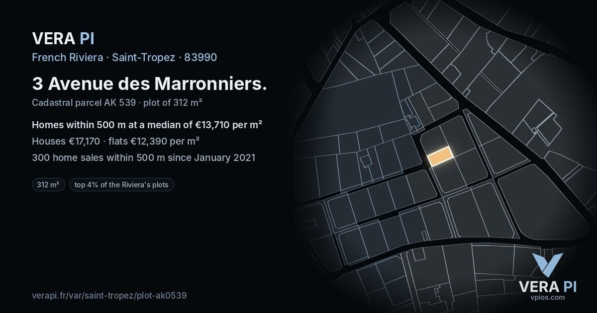 3 Avenue des Marronniers, Saint-Tropez at night – the plot lit, the parcels around coloured by the prices near them