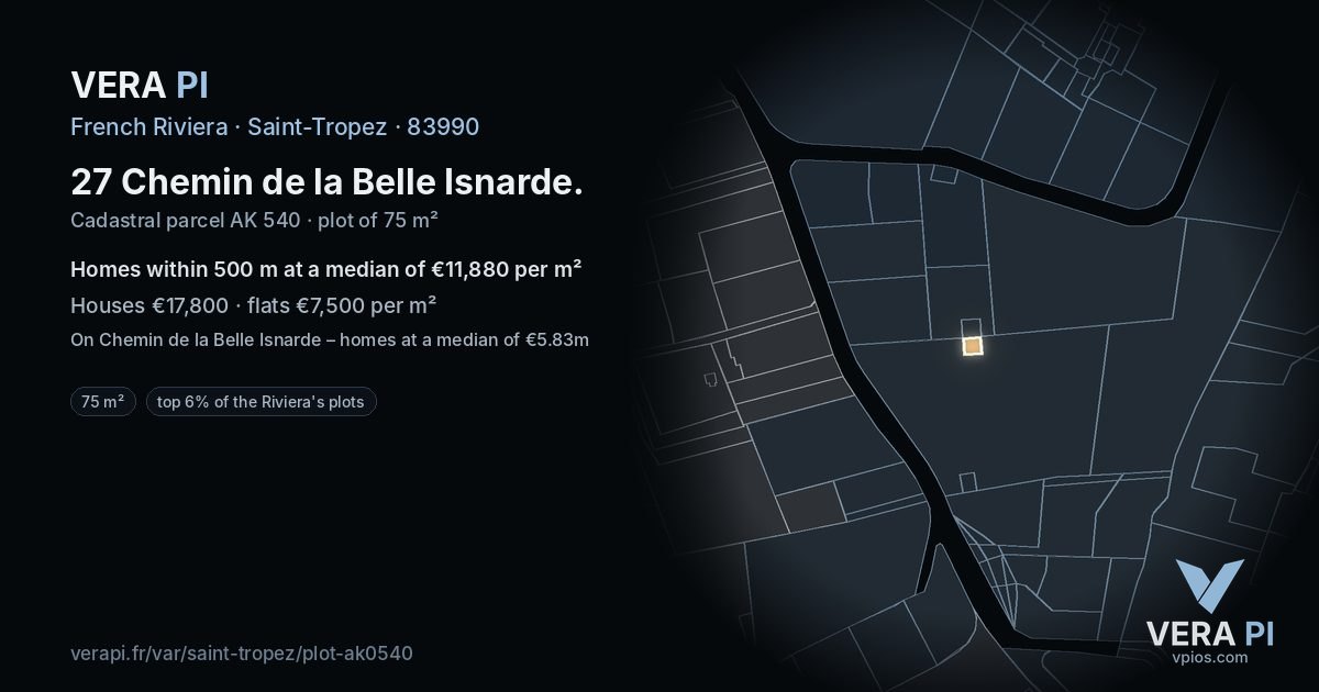 27 Chemin de la Belle Isnarde, Saint-Tropez at night – the plot lit, the parcels around coloured by the prices near them