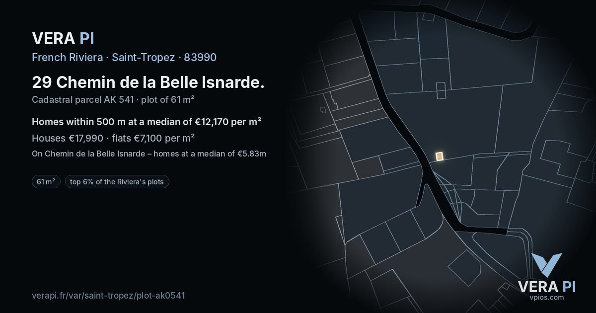 29 Chemin de la Belle Isnarde, Saint-Tropez at night – the plot lit, the parcels around coloured by the prices near them