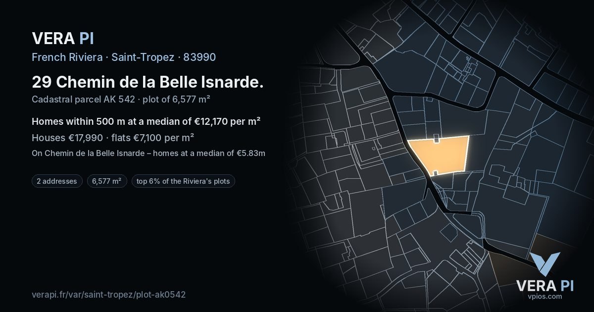 29 Chemin de la Belle Isnarde, Saint-Tropez at night – the plot lit, the parcels around coloured by the prices near them