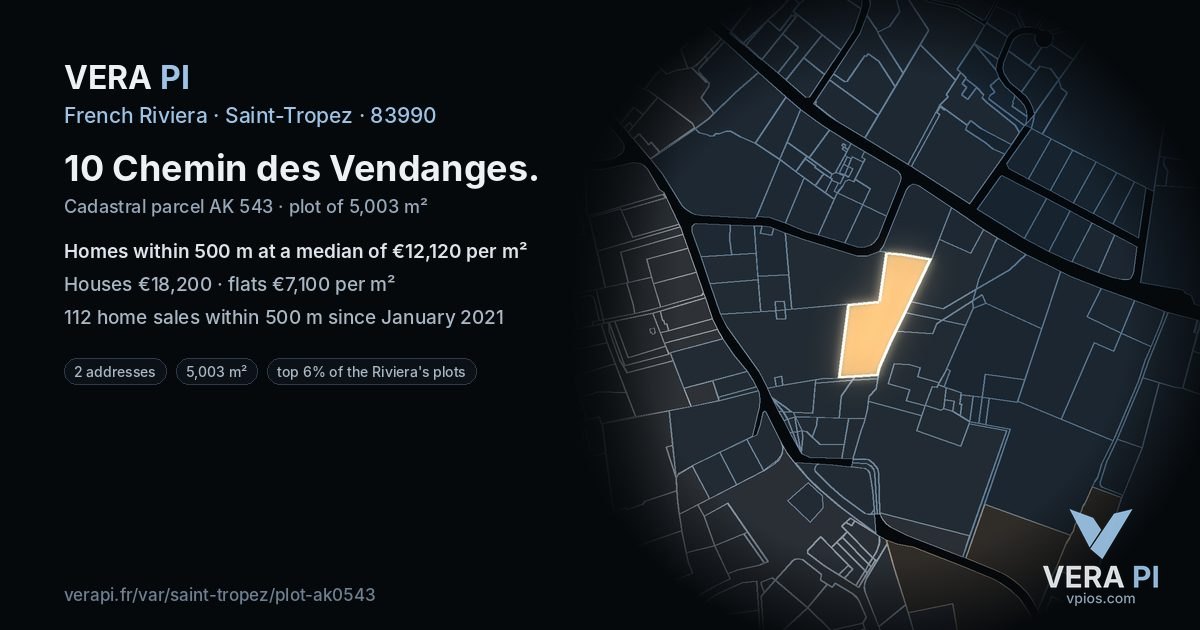 10 Chemin des Vendanges, Saint-Tropez at night – the plot lit, the parcels around coloured by the prices near them