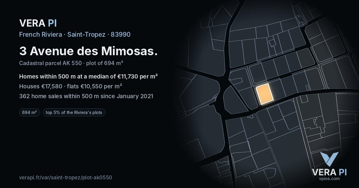 3 Avenue des Mimosas, Saint-Tropez at night – the plot lit, the parcels around coloured by the prices near them