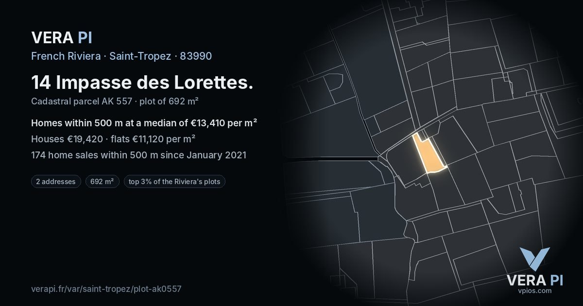 14 Impasse des Lorettes, Saint-Tropez at night – the plot lit, the parcels around coloured by the prices near them