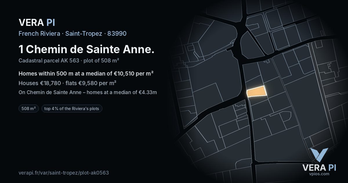 1 Chemin de Sainte Anne, Saint-Tropez at night – the plot lit, the parcels around coloured by the prices near them