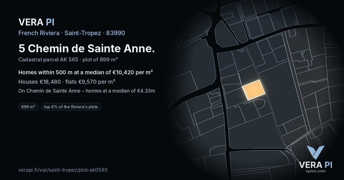 5 Chemin de Sainte Anne, Saint-Tropez at night – the plot lit, the parcels around coloured by the prices near them