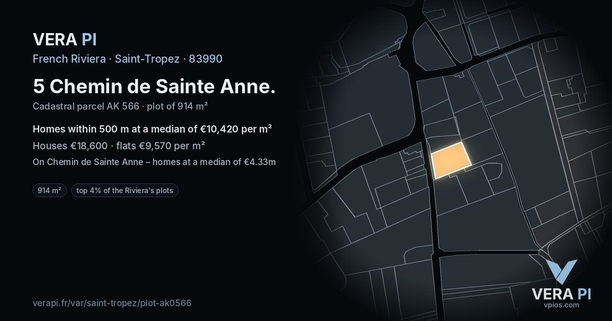 5 Chemin de Sainte Anne, Saint-Tropez at night – the plot lit, the parcels around coloured by the prices near them
