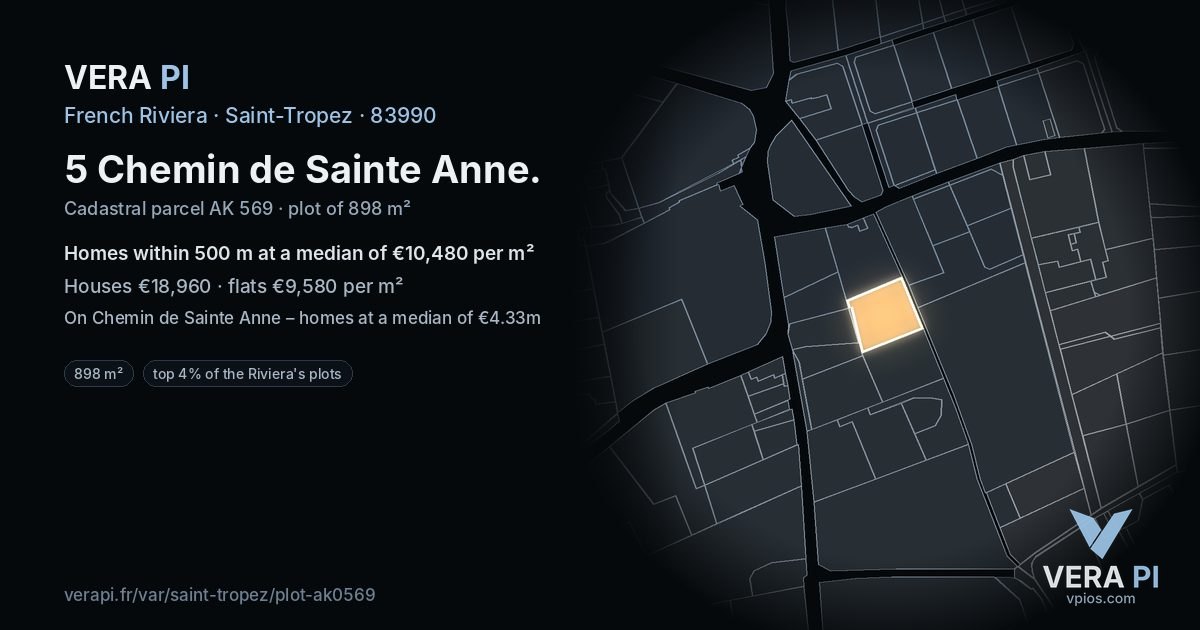 5 Chemin de Sainte Anne, Saint-Tropez at night – the plot lit, the parcels around coloured by the prices near them