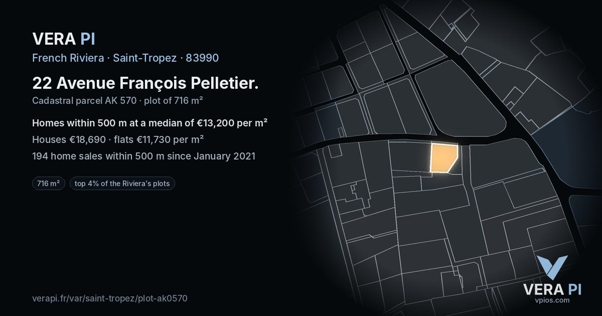 22 Avenue François Pelletier, Saint-Tropez at night – the plot lit, the parcels around coloured by the prices near them