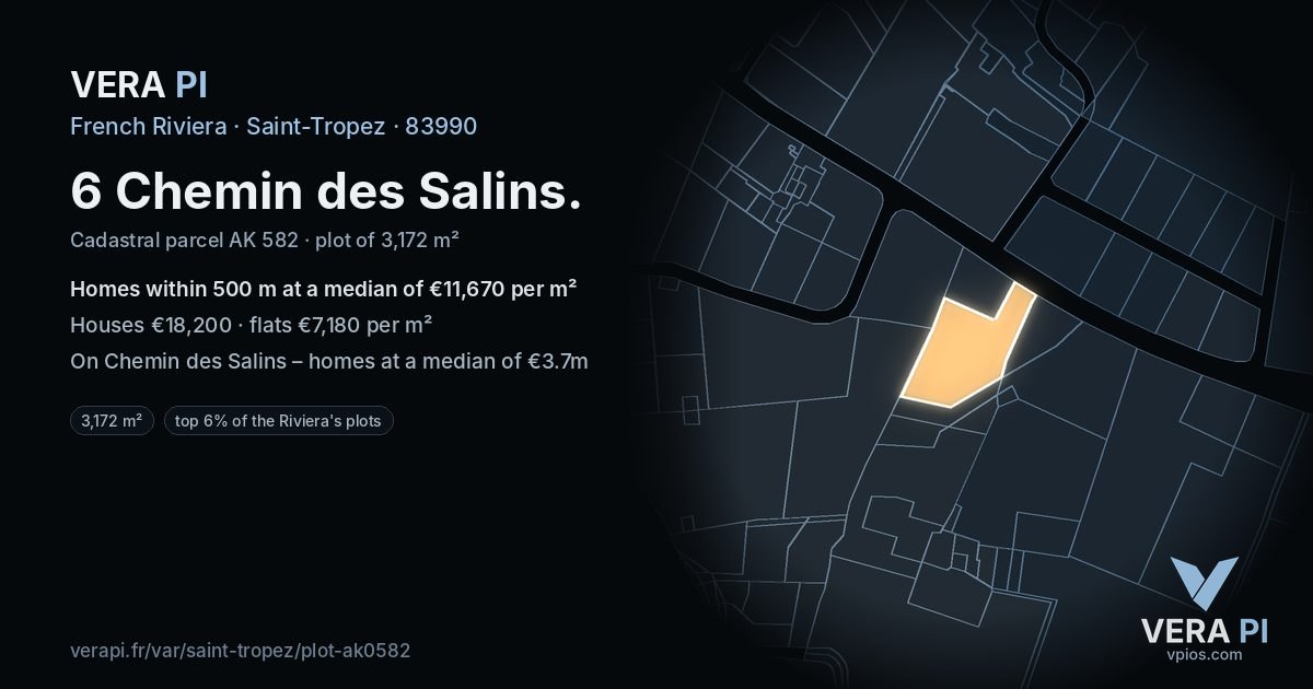 6 Chemin des Salins, Saint-Tropez at night – the plot lit, the parcels around coloured by the prices near them