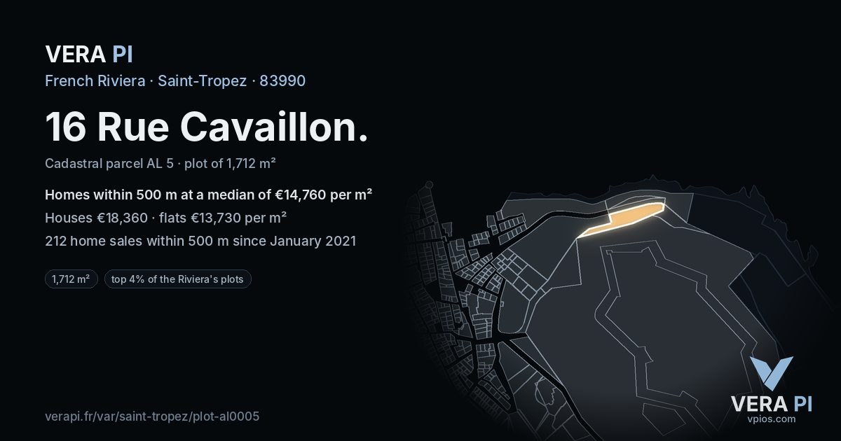 16 Rue Cavaillon, Saint-Tropez at night – the plot lit, the parcels around coloured by the prices near them