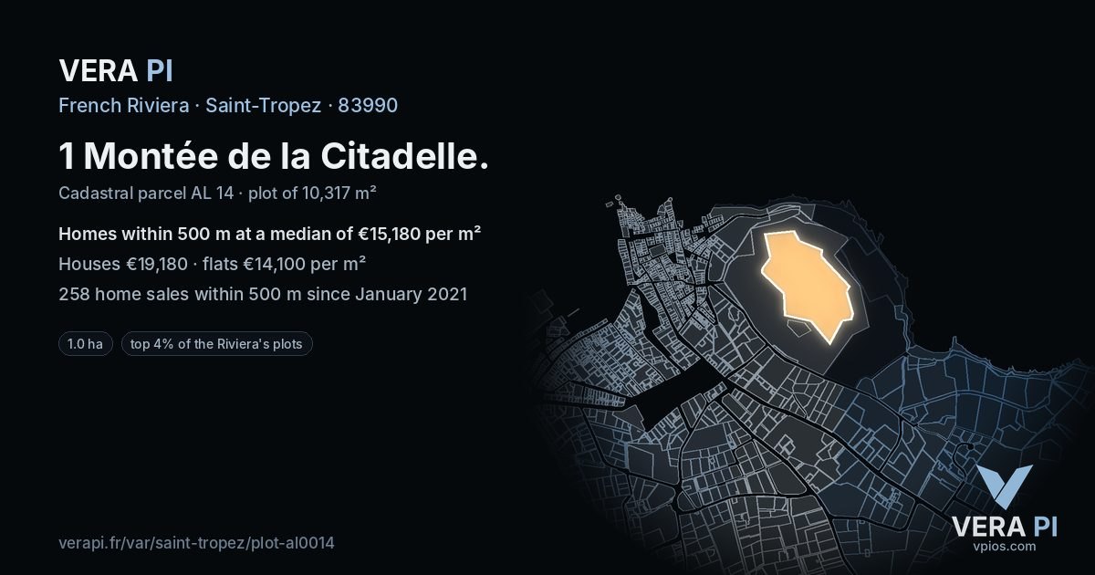 1 Montée de la Citadelle, Saint-Tropez at night – the plot lit, the parcels around coloured by the prices near them
