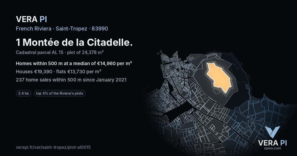 1 Montée de la Citadelle, Saint-Tropez at night – the plot lit, the parcels around coloured by the prices near them