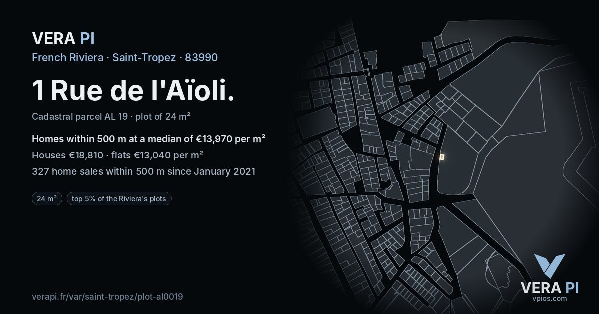 1 Rue de l'Aïoli, Saint-Tropez at night – the plot lit, the parcels around coloured by the prices near them