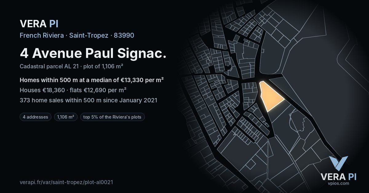 4 Avenue Paul Signac, Saint-Tropez at night – the plot lit, the parcels around coloured by the prices near them