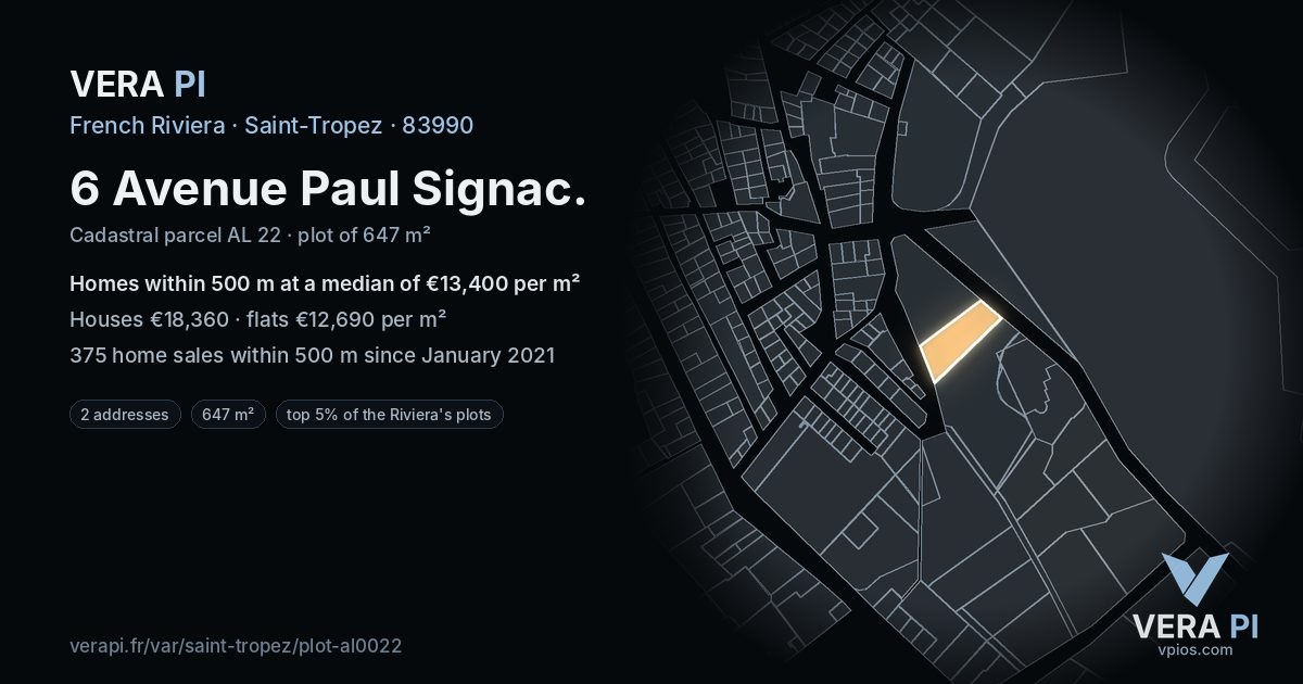 6 Avenue Paul Signac, Saint-Tropez at night – the plot lit, the parcels around coloured by the prices near them