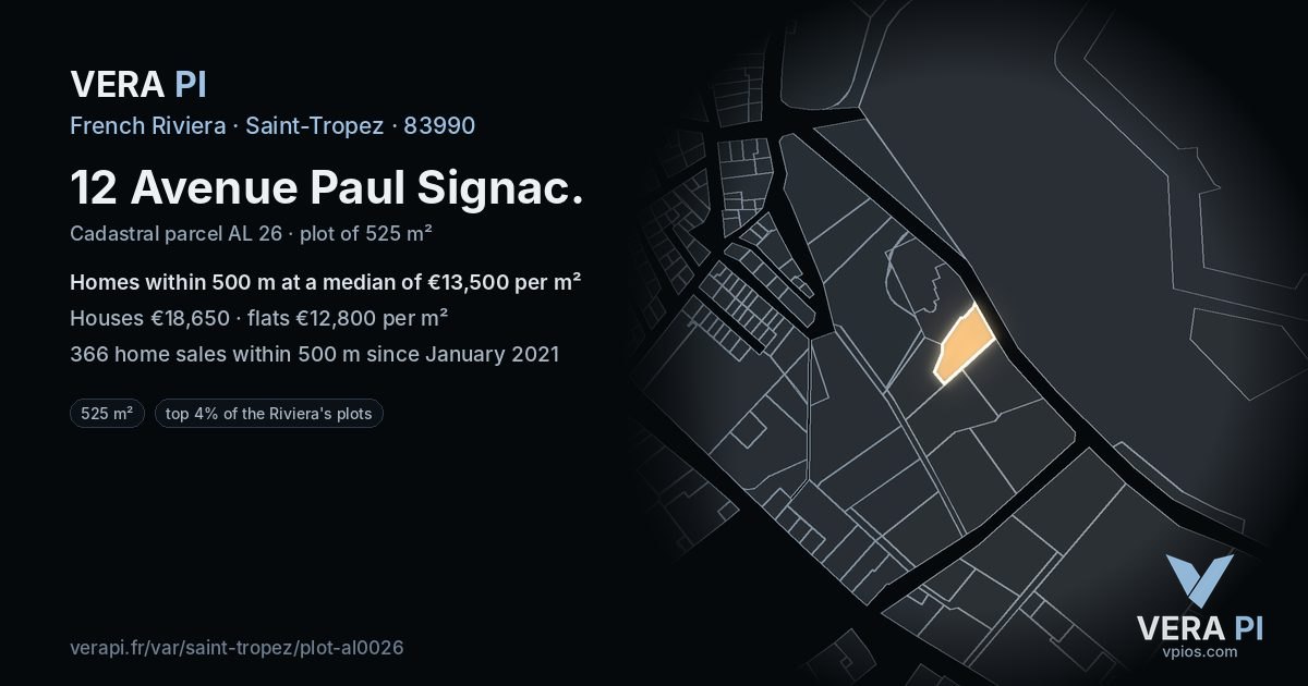 12 Avenue Paul Signac, Saint-Tropez at night – the plot lit, the parcels around coloured by the prices near them