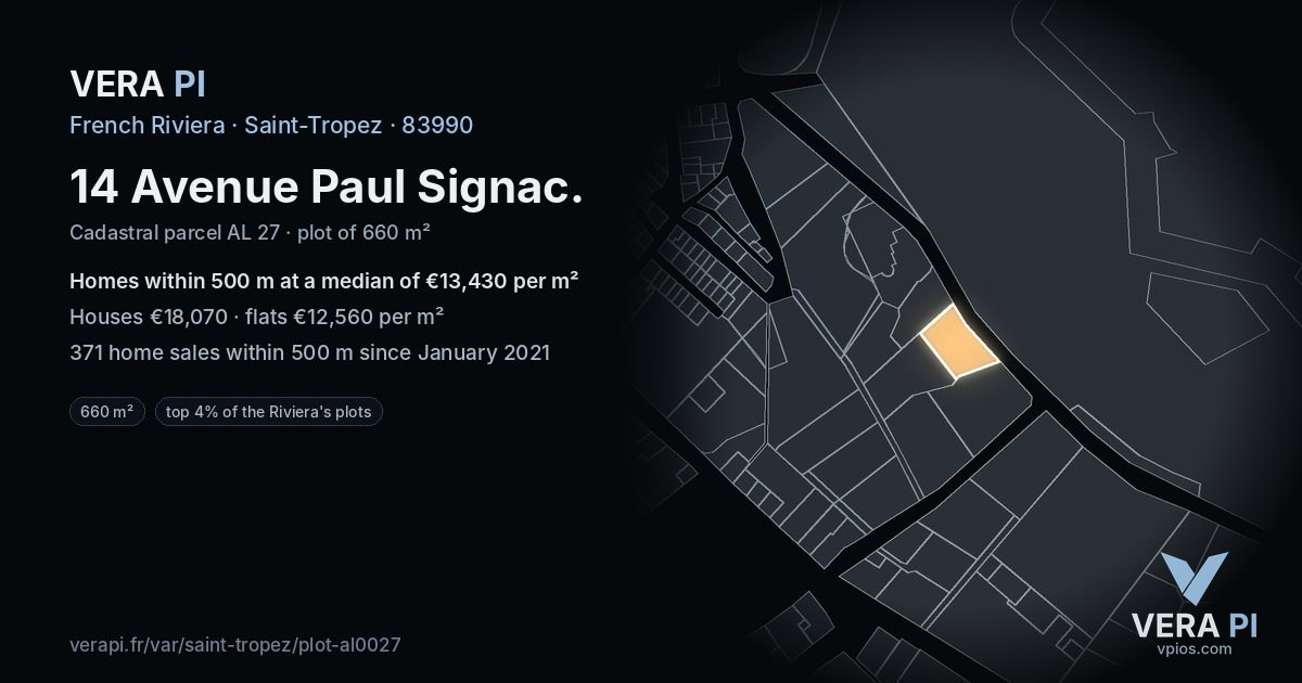 14 Avenue Paul Signac, Saint-Tropez at night – the plot lit, the parcels around coloured by the prices near them