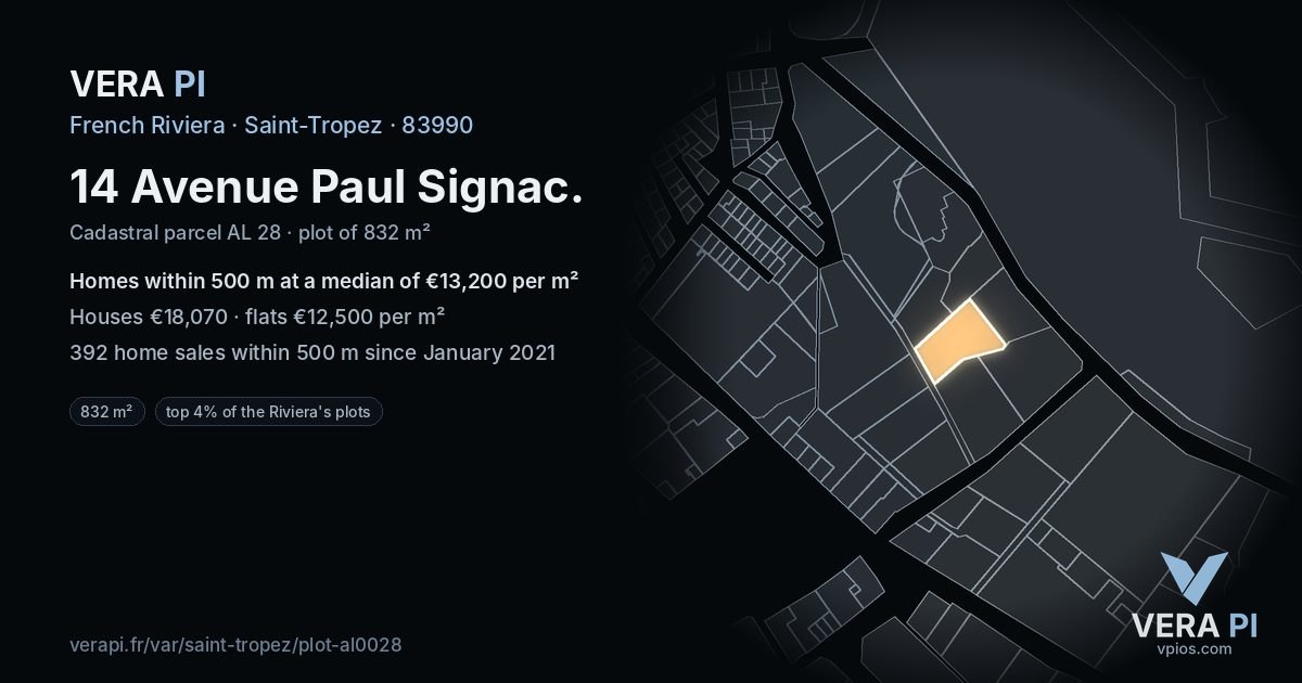 14 Avenue Paul Signac, Saint-Tropez at night – the plot lit, the parcels around coloured by the prices near them