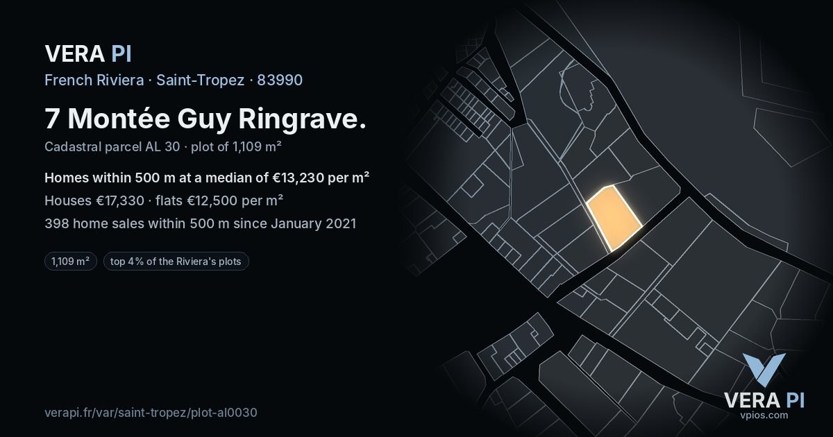 7 Montée Guy Ringrave, Saint-Tropez at night – the plot lit, the parcels around coloured by the prices near them