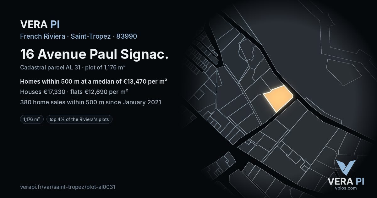16 Avenue Paul Signac, Saint-Tropez at night – the plot lit, the parcels around coloured by the prices near them