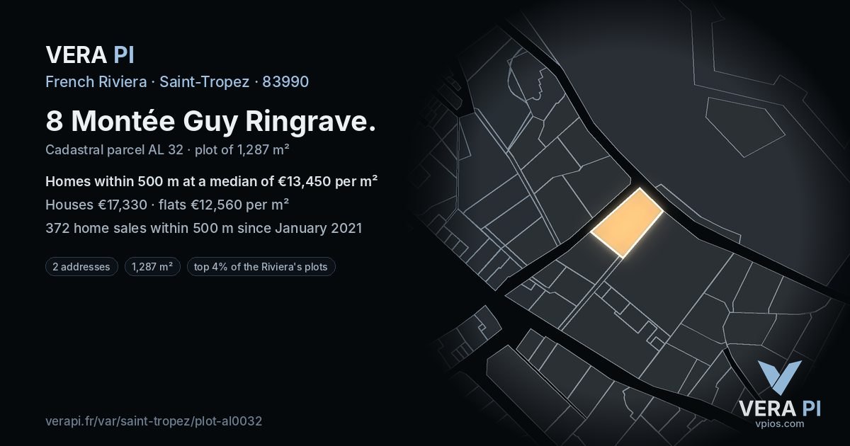 8 Montée Guy Ringrave, Saint-Tropez at night – the plot lit, the parcels around coloured by the prices near them