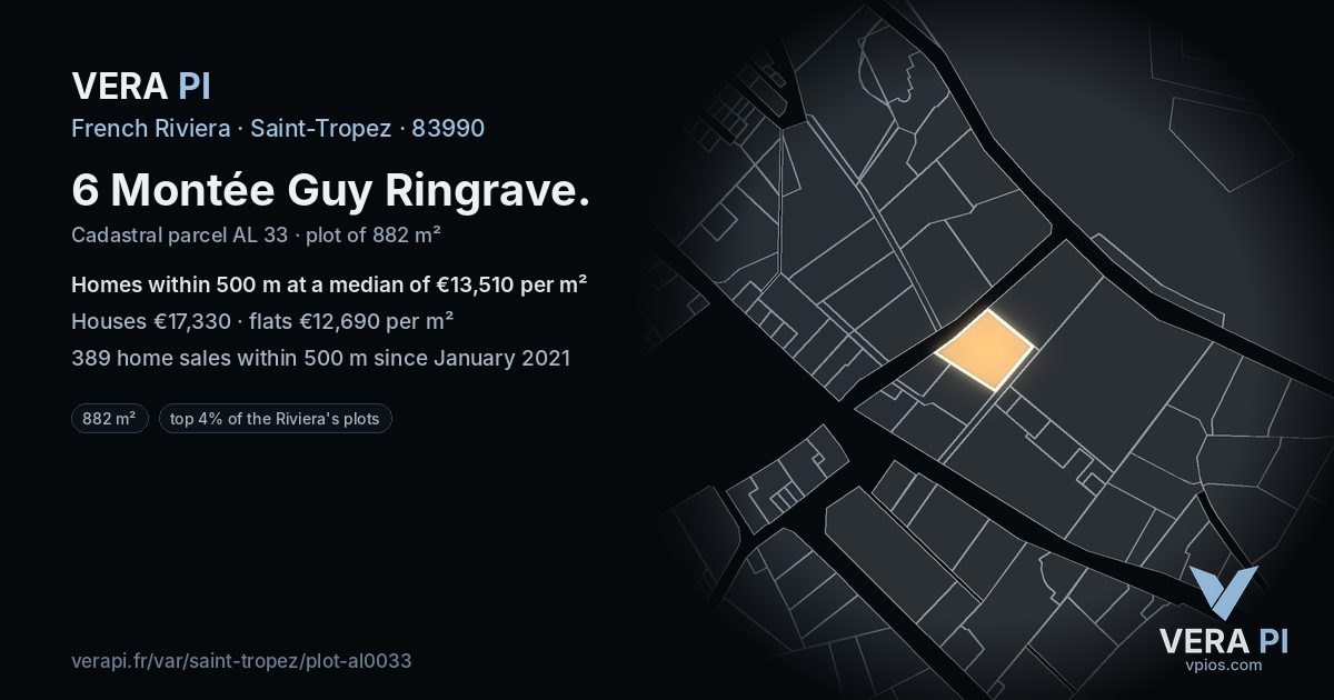 6 Montée Guy Ringrave, Saint-Tropez at night – the plot lit, the parcels around coloured by the prices near them