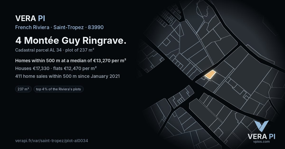 4 Montée Guy Ringrave, Saint-Tropez at night – the plot lit, the parcels around coloured by the prices near them
