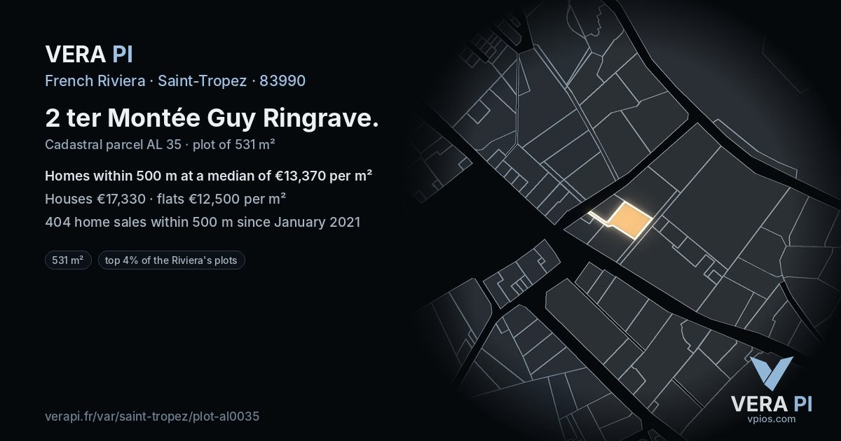 2 ter Montée Guy Ringrave, Saint-Tropez at night – the plot lit, the parcels around coloured by the prices near them