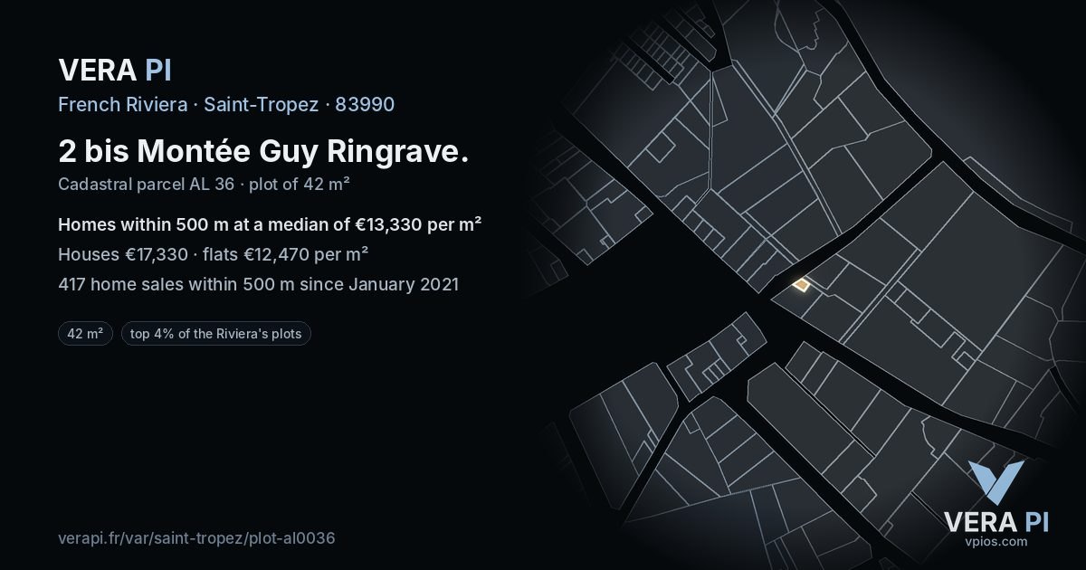 2 bis Montée Guy Ringrave, Saint-Tropez at night – the plot lit, the parcels around coloured by the prices near them