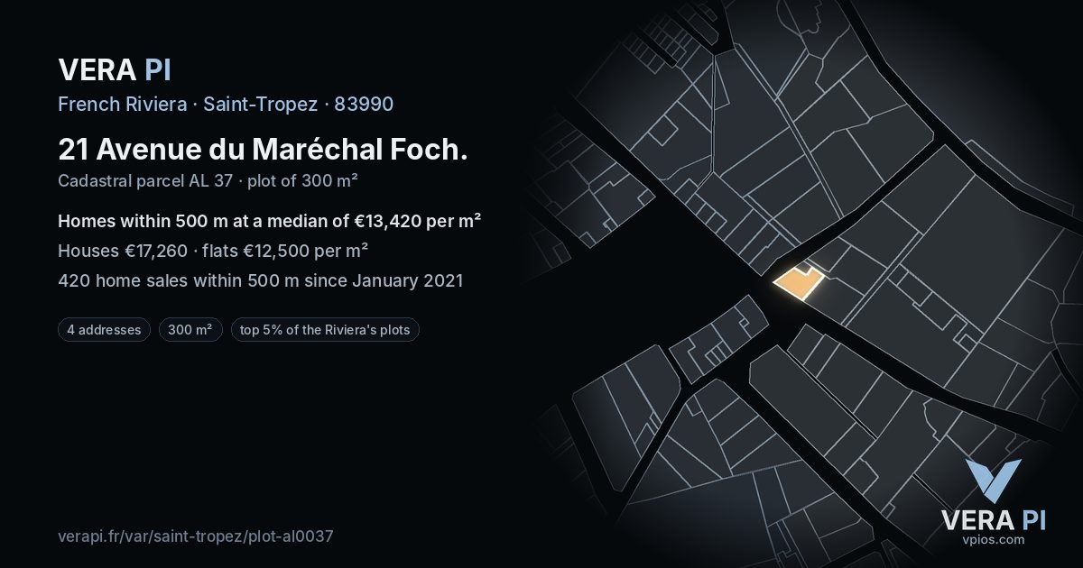 21 Avenue du Maréchal Foch, Saint-Tropez at night – the plot lit, the parcels around coloured by the prices near them