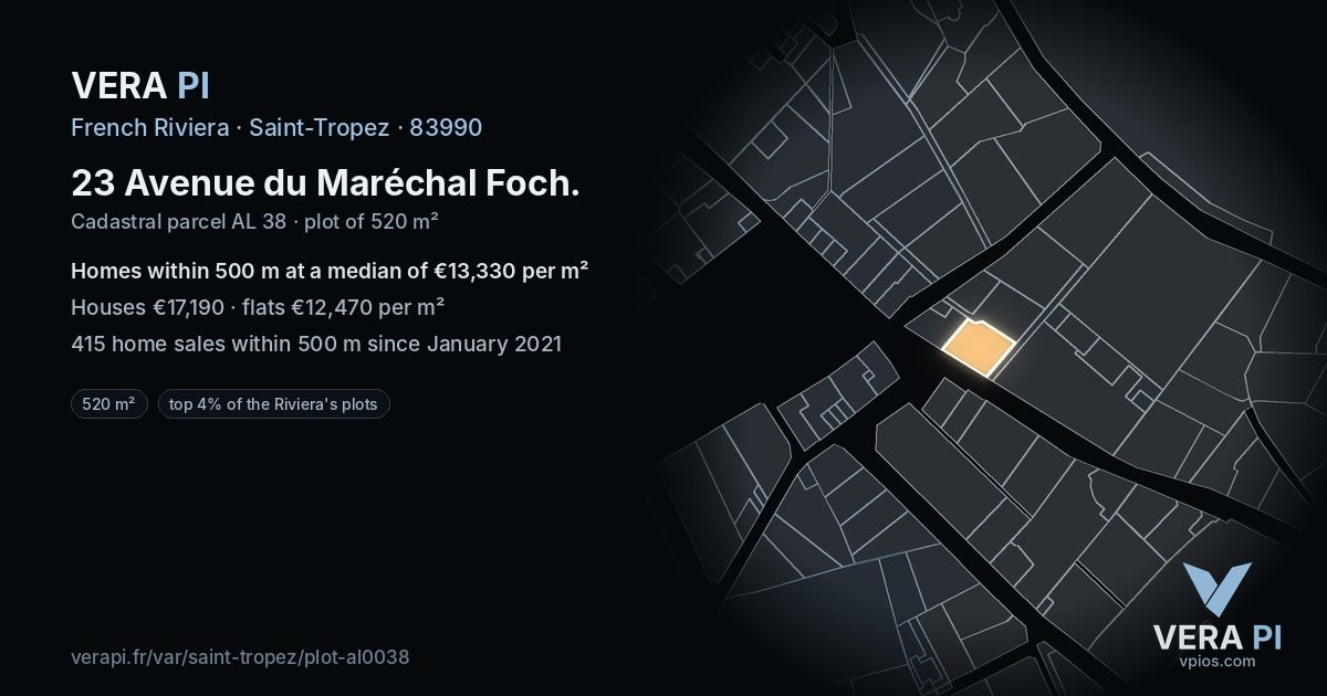 23 Avenue du Maréchal Foch, Saint-Tropez at night – the plot lit, the parcels around coloured by the prices near them