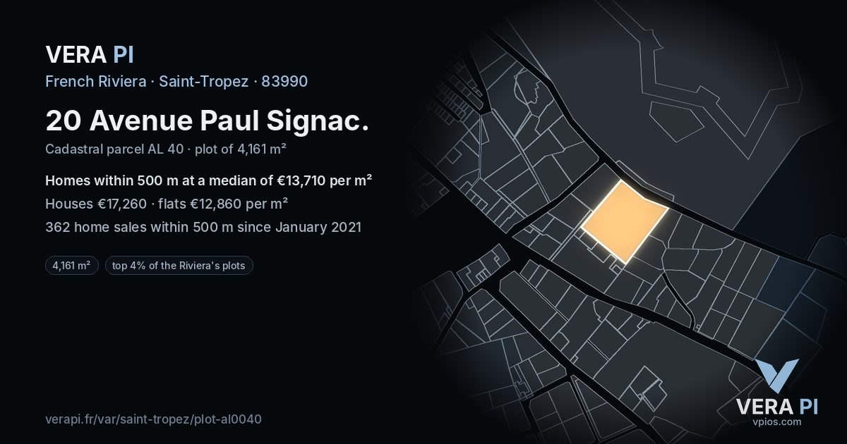 20 Avenue Paul Signac, Saint-Tropez at night – the plot lit, the parcels around coloured by the prices near them