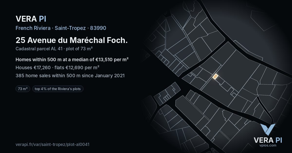 25 Avenue du Maréchal Foch, Saint-Tropez at night – the plot lit, the parcels around coloured by the prices near them
