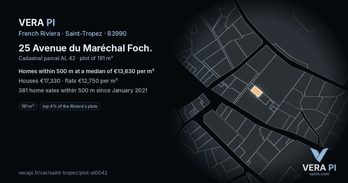 25 Avenue du Maréchal Foch, Saint-Tropez at night – the plot lit, the parcels around coloured by the prices near them