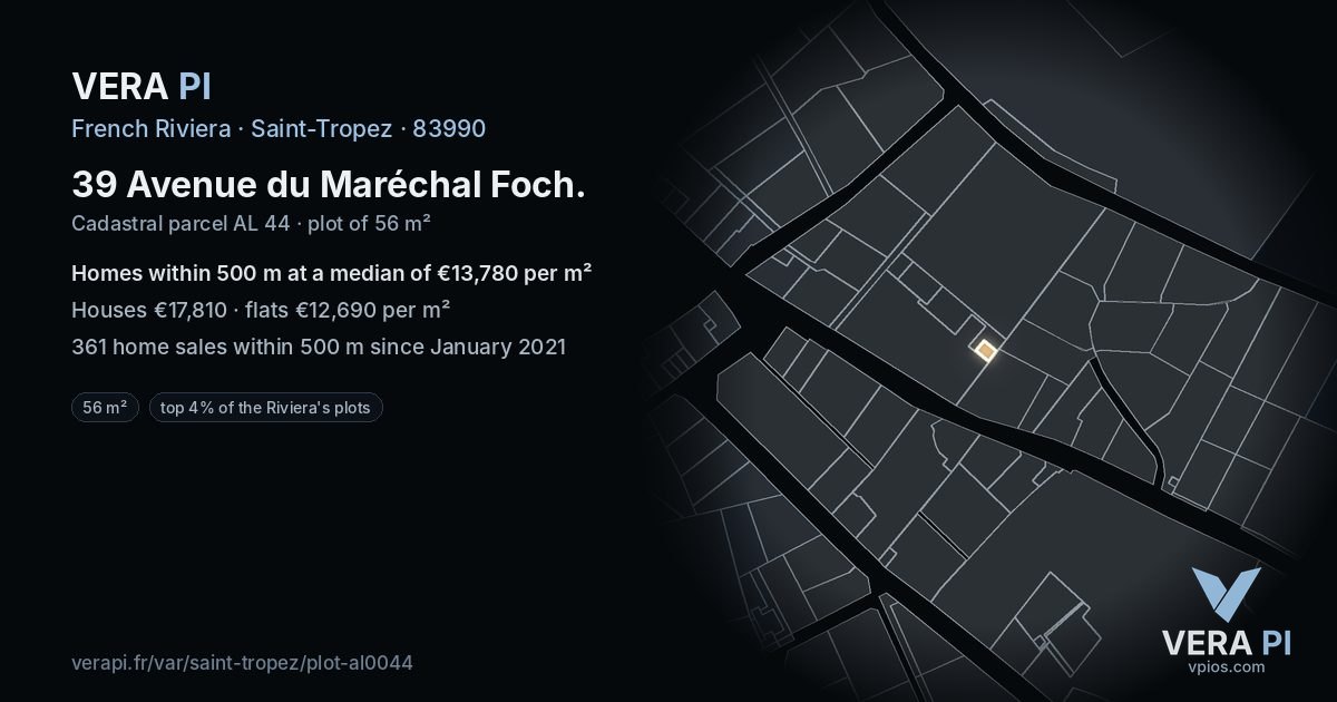 39 Avenue du Maréchal Foch, Saint-Tropez at night – the plot lit, the parcels around coloured by the prices near them