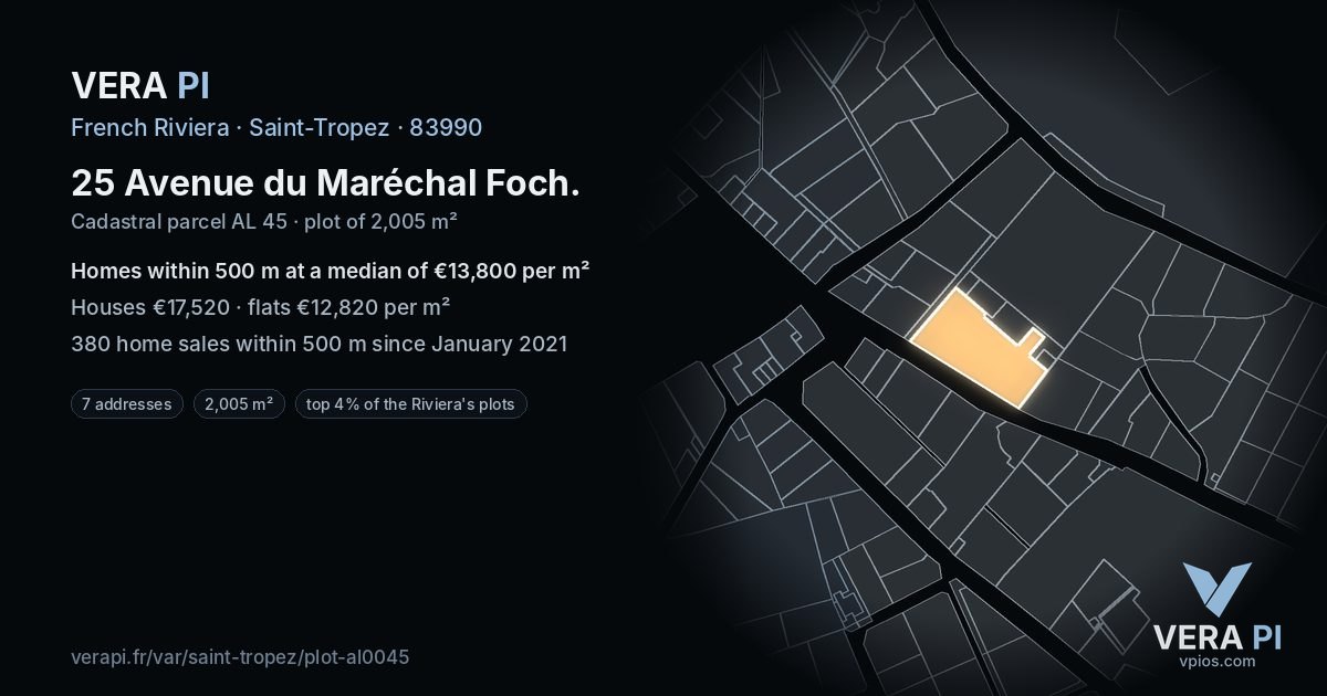 25 Avenue du Maréchal Foch, Saint-Tropez at night – the plot lit, the parcels around coloured by the prices near them