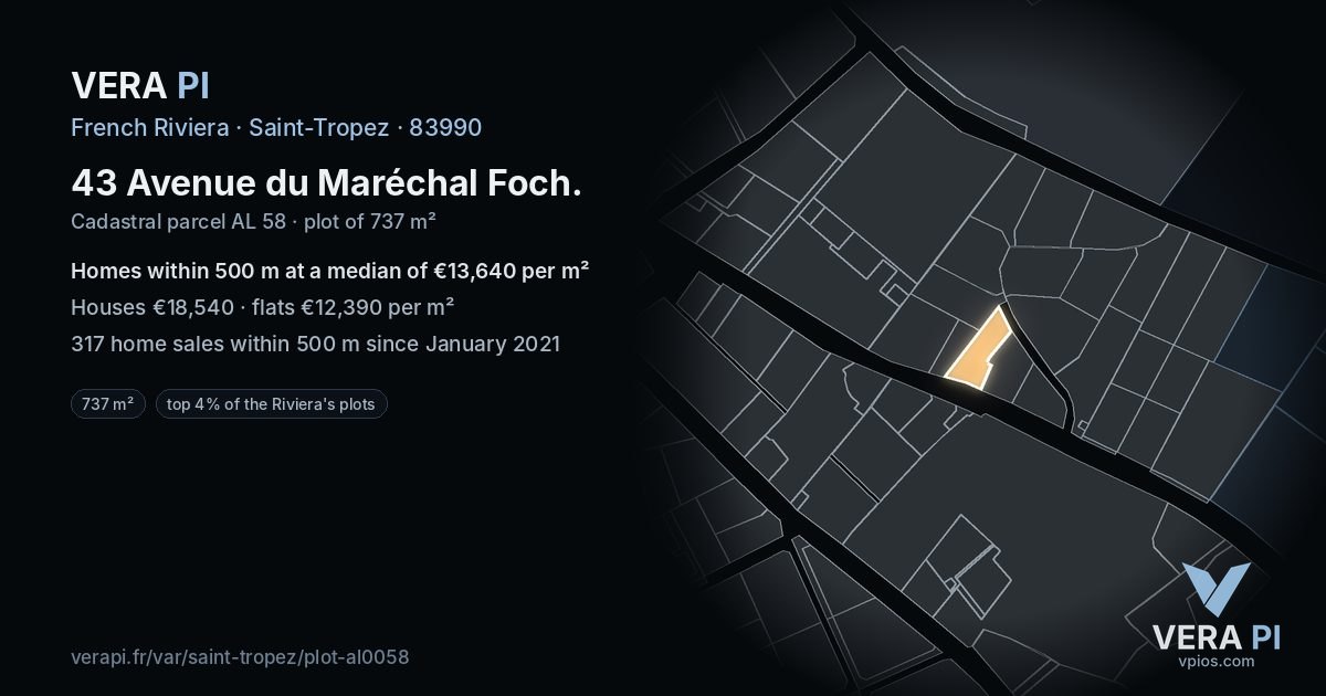 43 Avenue du Maréchal Foch, Saint-Tropez at night – the plot lit, the parcels around coloured by the prices near them