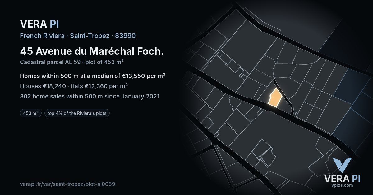 45 Avenue du Maréchal Foch, Saint-Tropez at night – the plot lit, the parcels around coloured by the prices near them